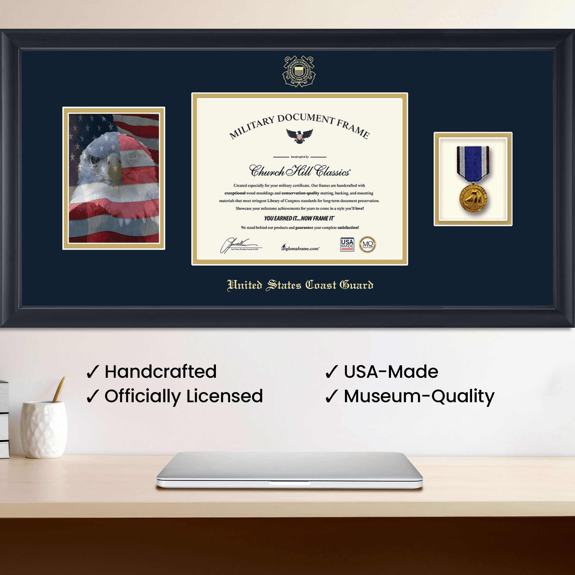 USCG Photo, Certificate & Medal Frame (Navy) - Navy and Gold Matting