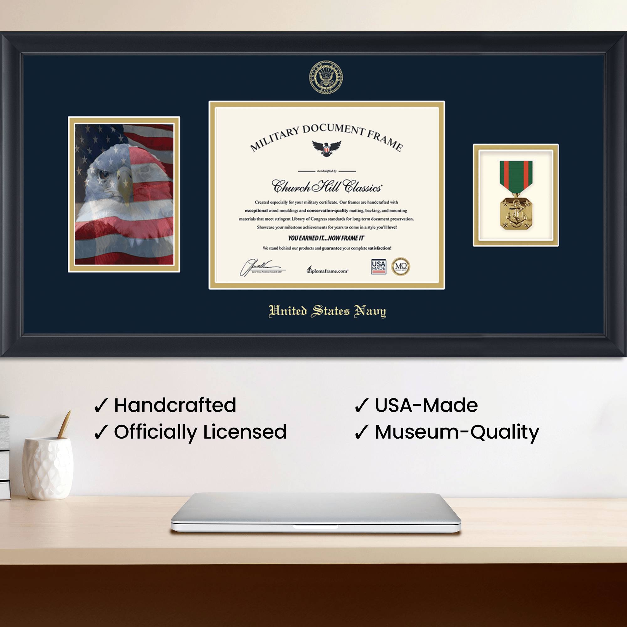U.S. Navy Photo, Certificate & Medal Frame (Navy) - Navy and Gold