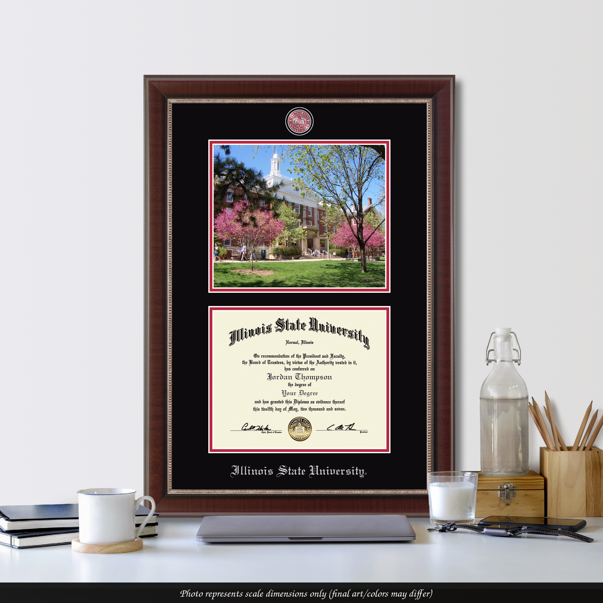 Illinois State Petite Diploma Frame - Mahogany Wood Frame With Gold Trim & School Seal For 10x8 Inch Diplomas