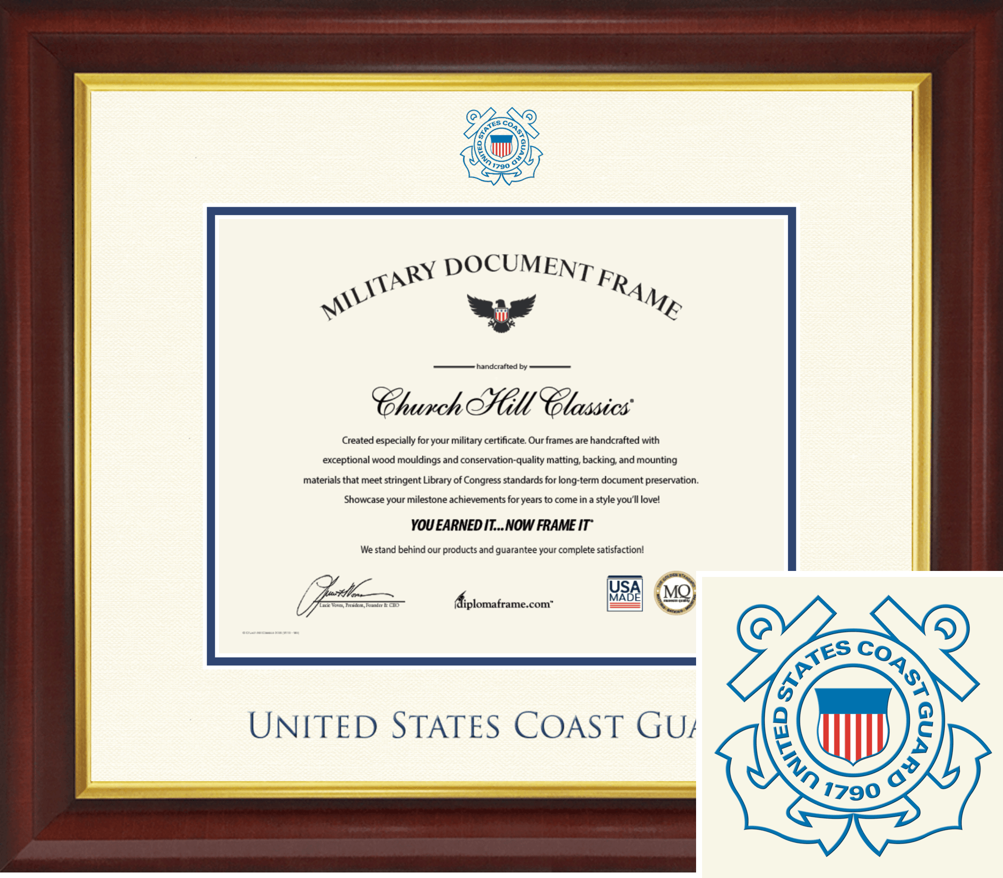 USCG Dimensions Certificate Frame - Textured Ivory and Royal Blue